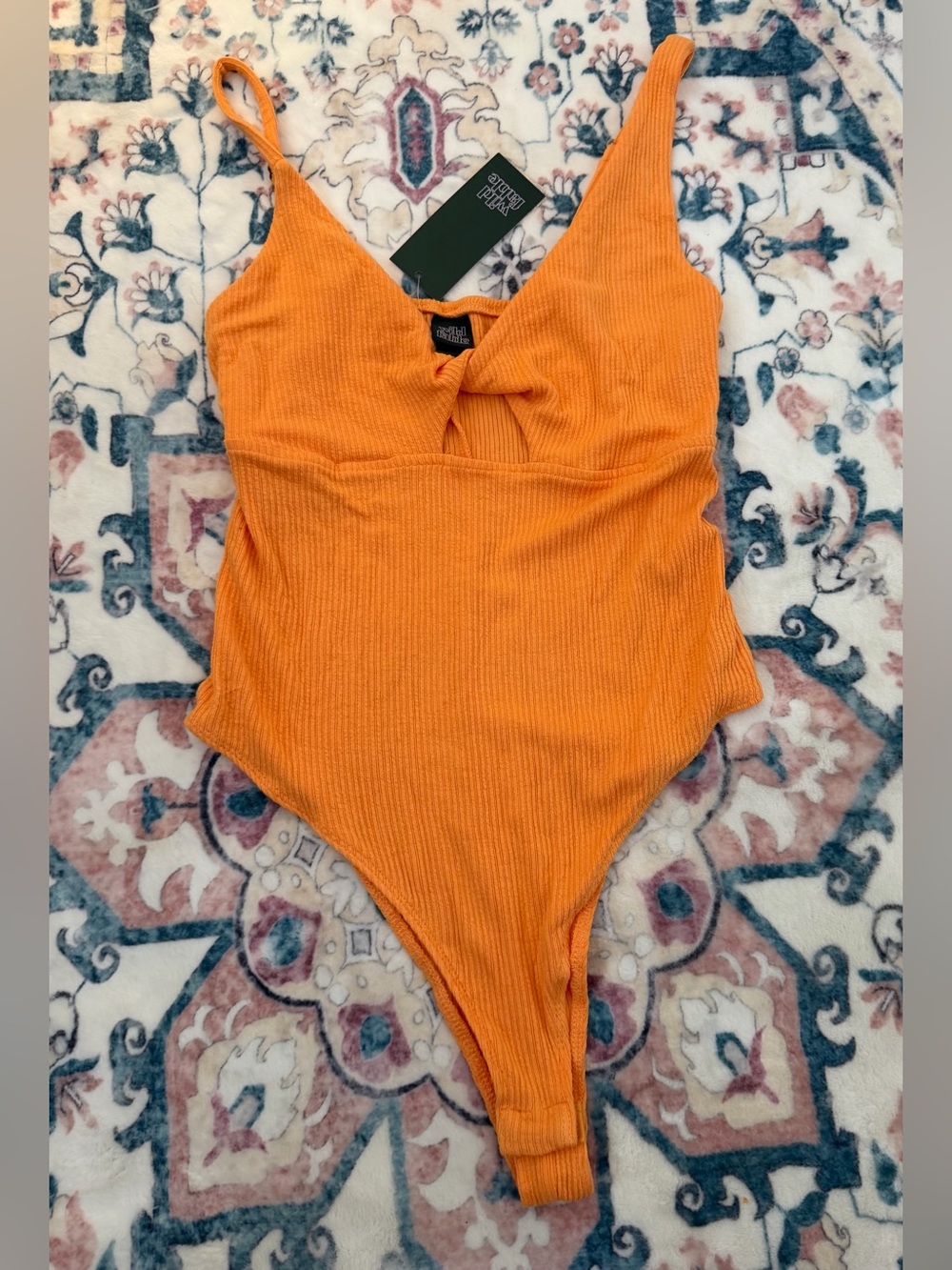 Orange Ribbed Twist-Front One-Piece Bodysuit